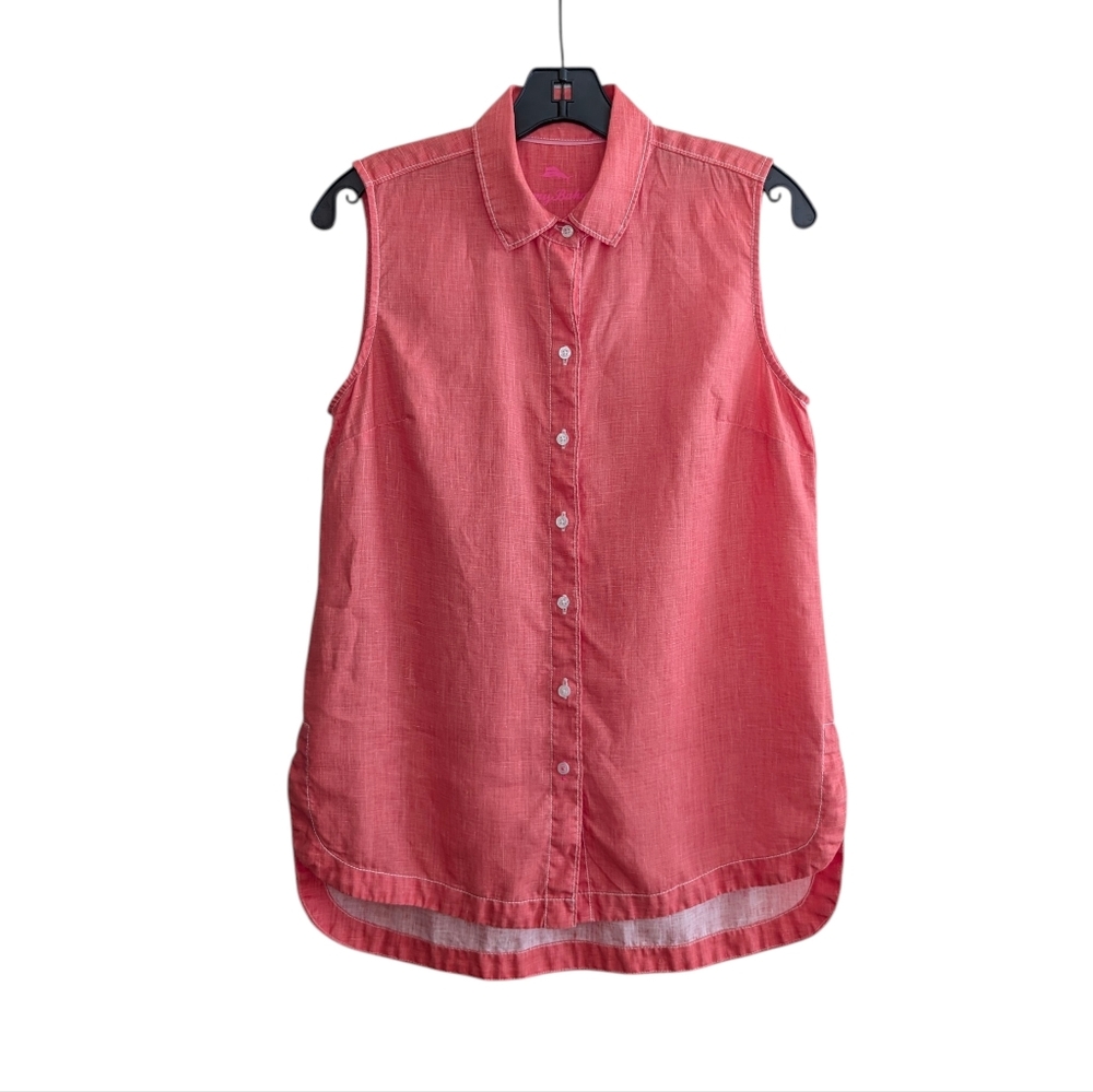Tommy Bahama Linen Sea Glass Breezer Button Up Collared Tank Top Shirt Peach XS